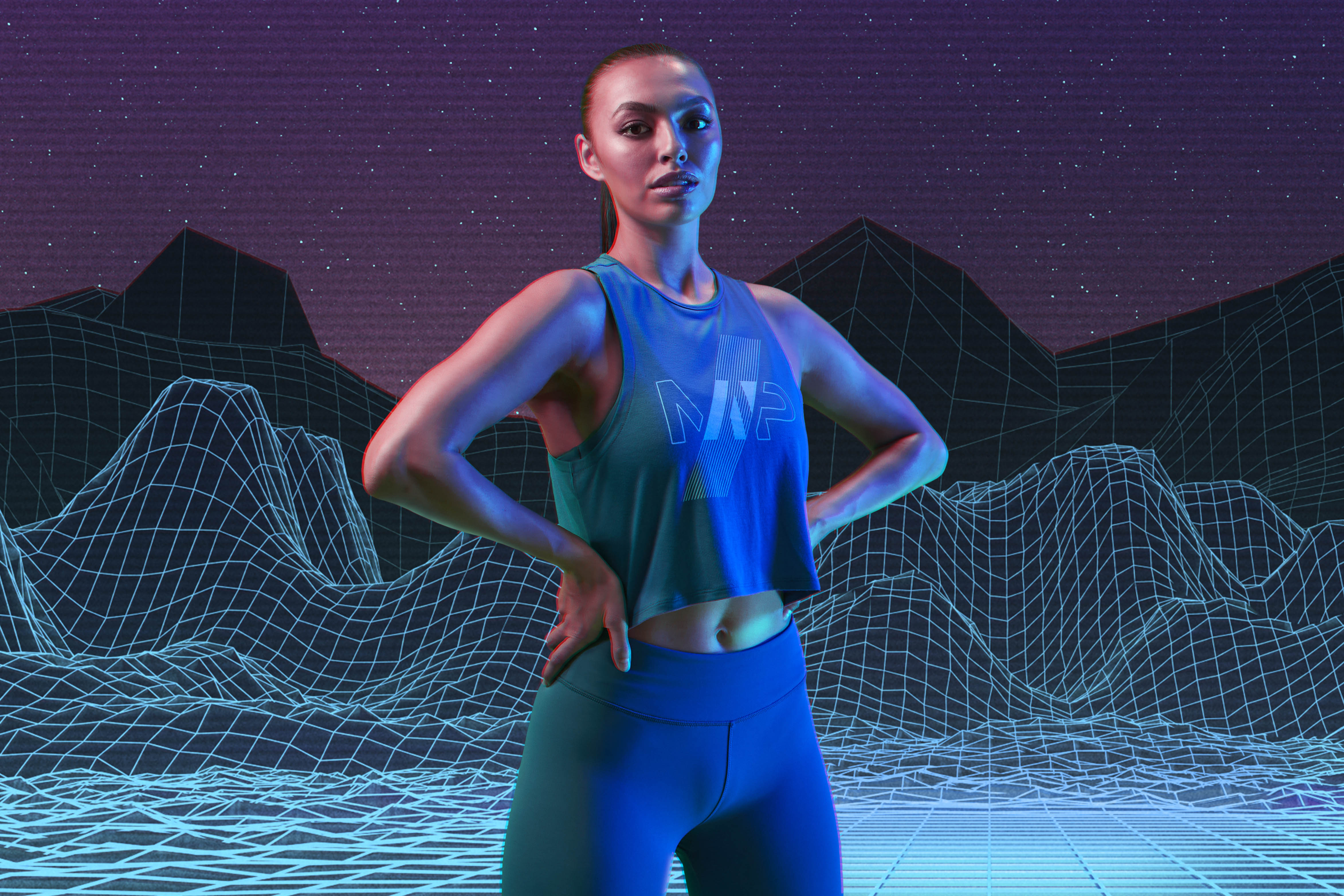 Gym woman stands proud cyber landscape